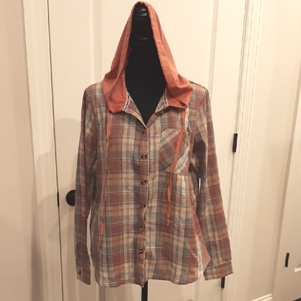 Hooded Button Down Shirt with Rust Hood and Rose Plaid
